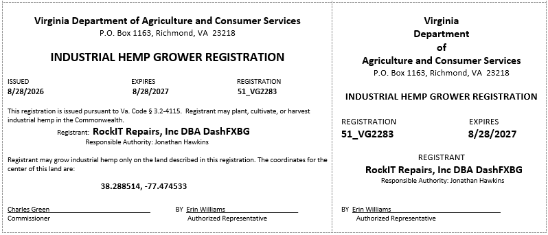 VDACS Industrial Hemp Grower Registration Certificate 51_VG2283